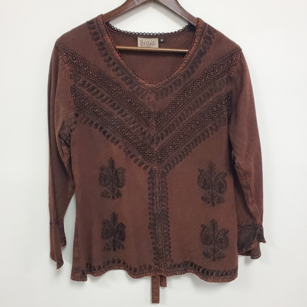 Braja Womens Y2K Embroidered Boho Hippie Festival Top Size M Brown Renaissance‎